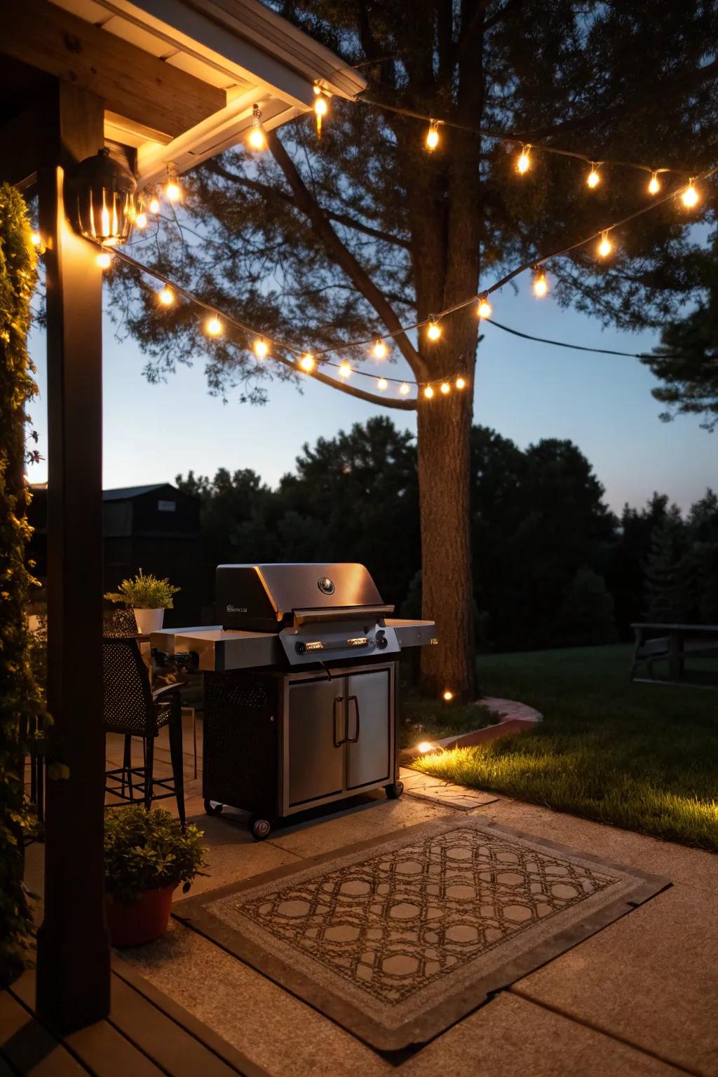 Integrated lighting enhances the grill pad's ambiance at night.