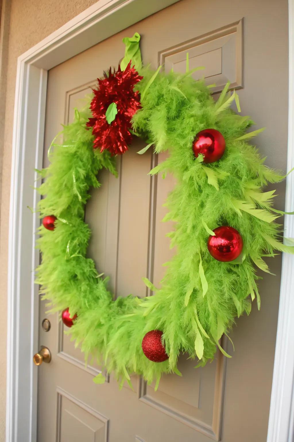 A DIY Grinch wreath makes a bright and cheerful statement.