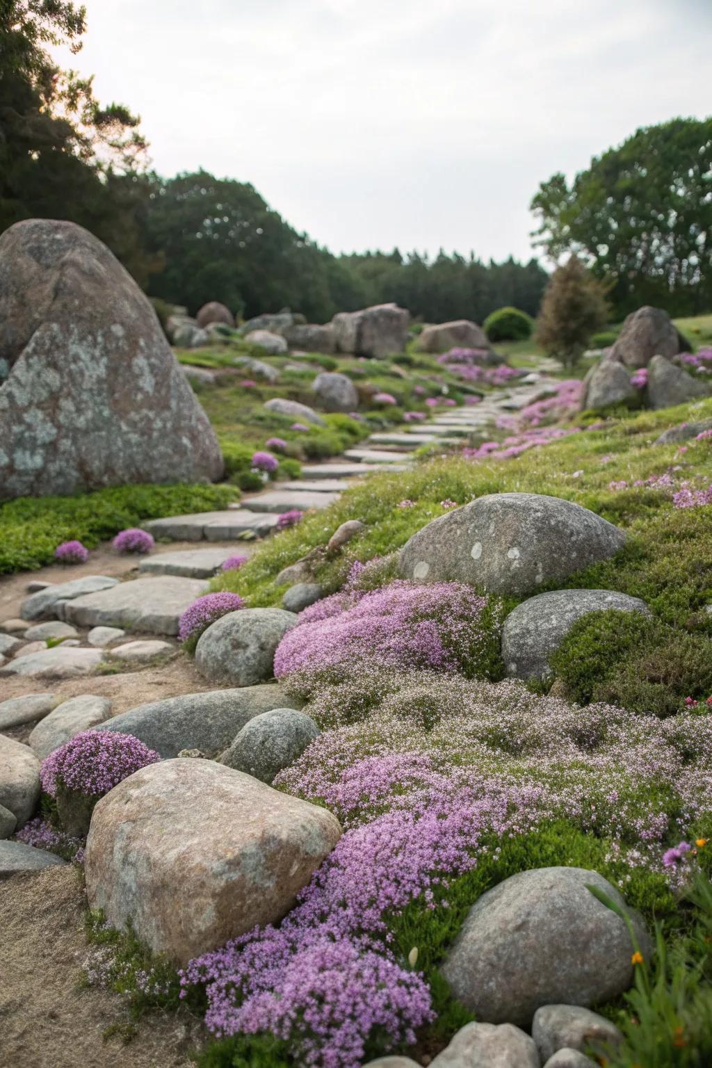 Rock garden featuring a lush, silver carpet of woolly thyme