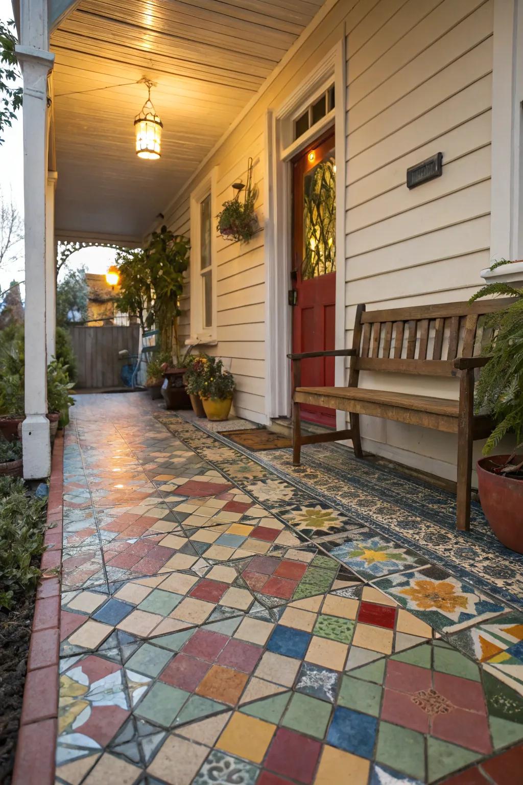 Mix-and-match tiles create a dynamic and eye-catching flooring.