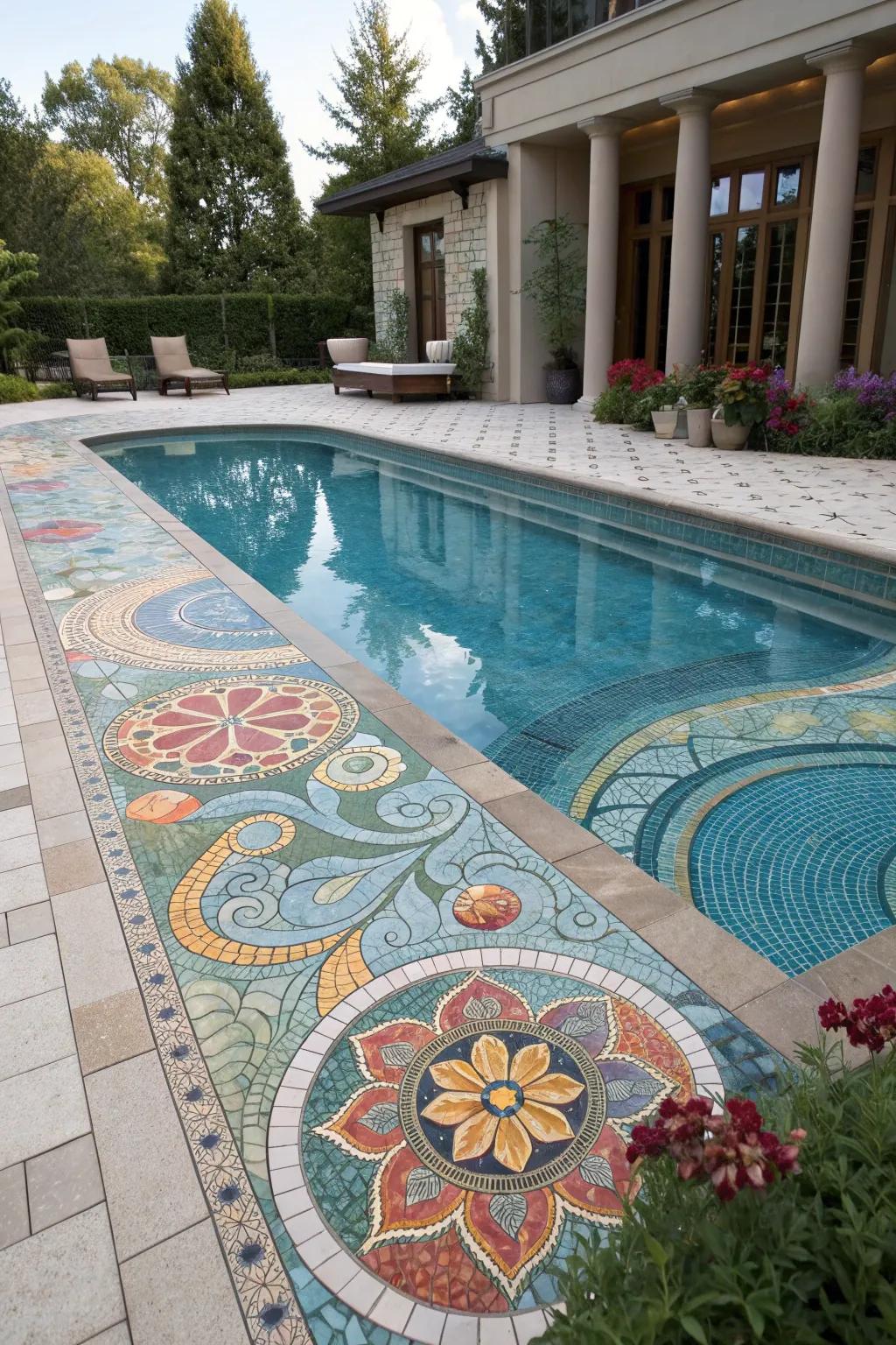 Vibrant mosaic tiles bring color and personality to this gunite pool.