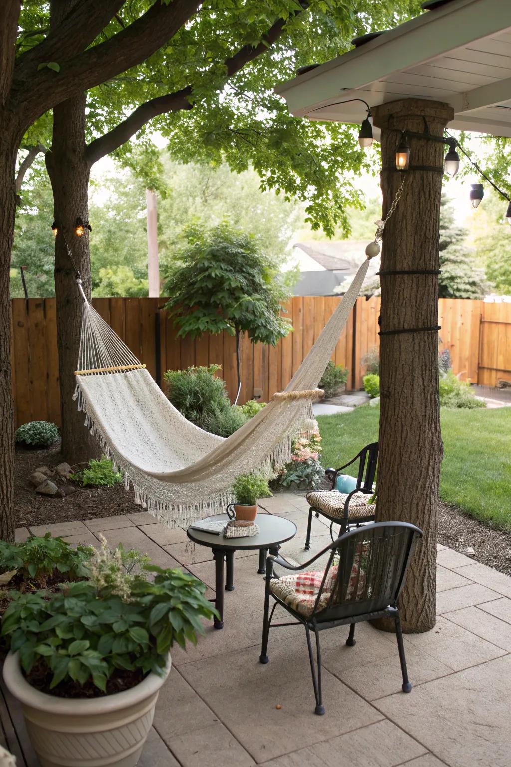 A hammock corner provides a tranquil relaxation spot on the patio.