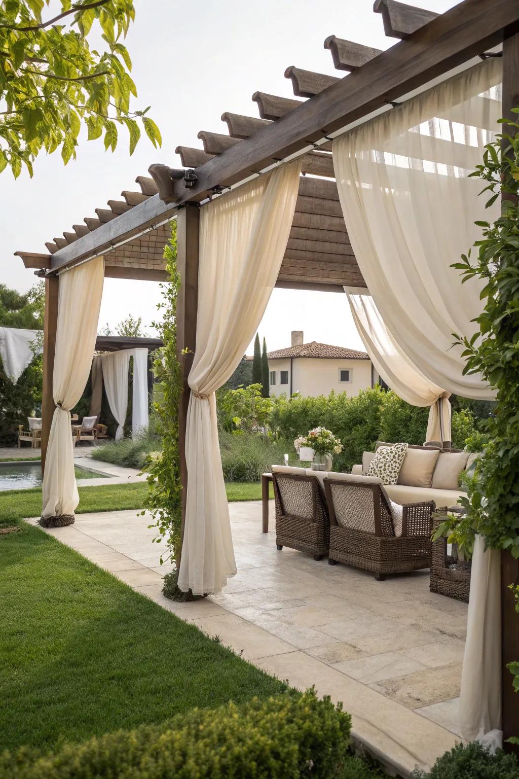 A pergola provides shade and architectural interest to the patio.