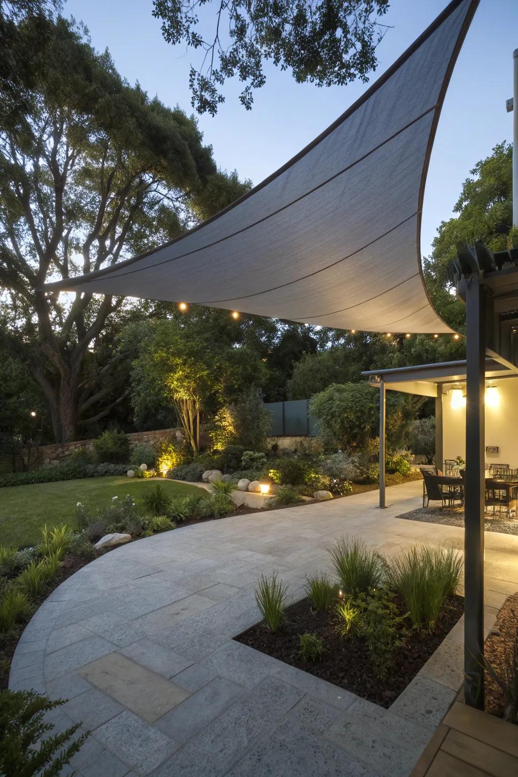 A shade sail offers comfort and protection from the sun on a half-moon patio