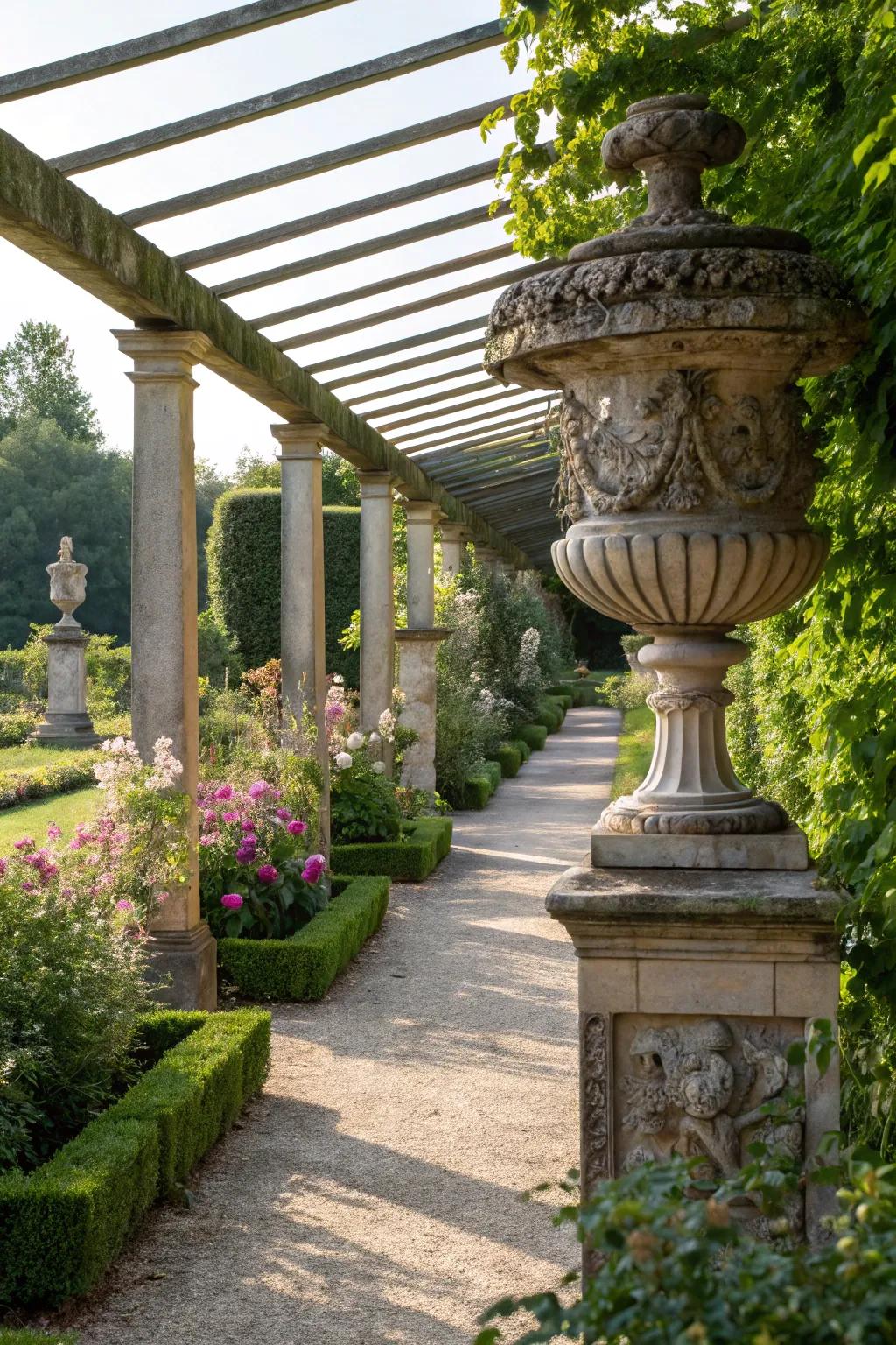 A creative garden art gallery under a half pergola.