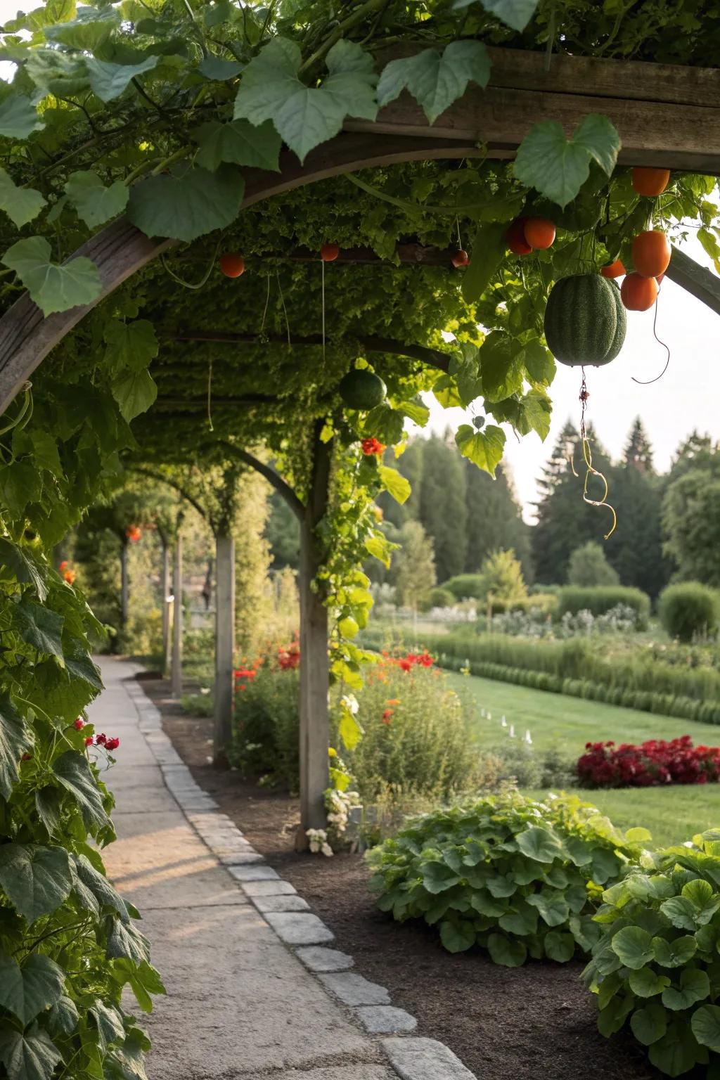 An arbor lush with vining vegetables serves both beauty and utility.