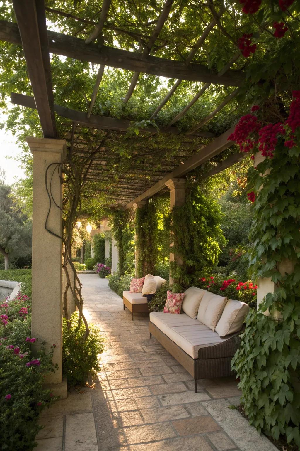 Pergolas offer shade and a structure for climbing plants.