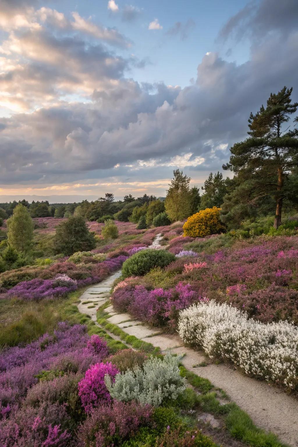 Seasonal color changes in a heather garden create dynamic beauty.