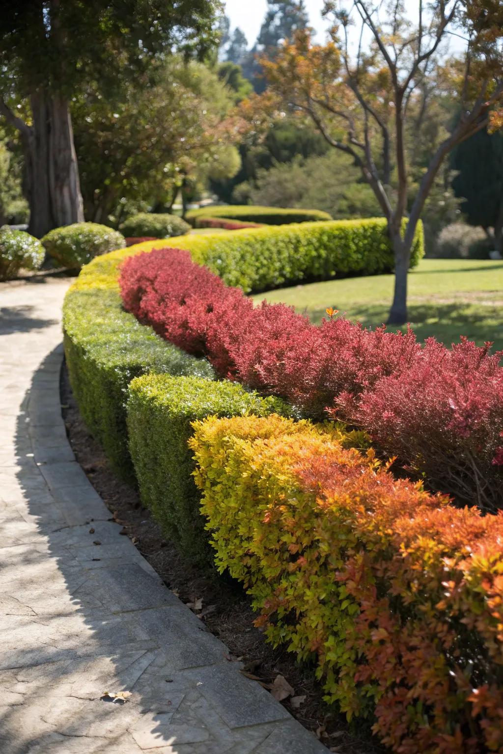 Colorful bushes turn a simple hedge into a lively garden feature.