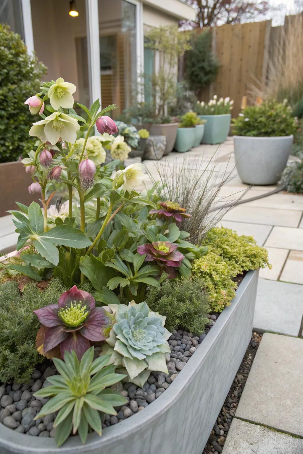 Hellebores and succulents create a striking and low-maintenance display.