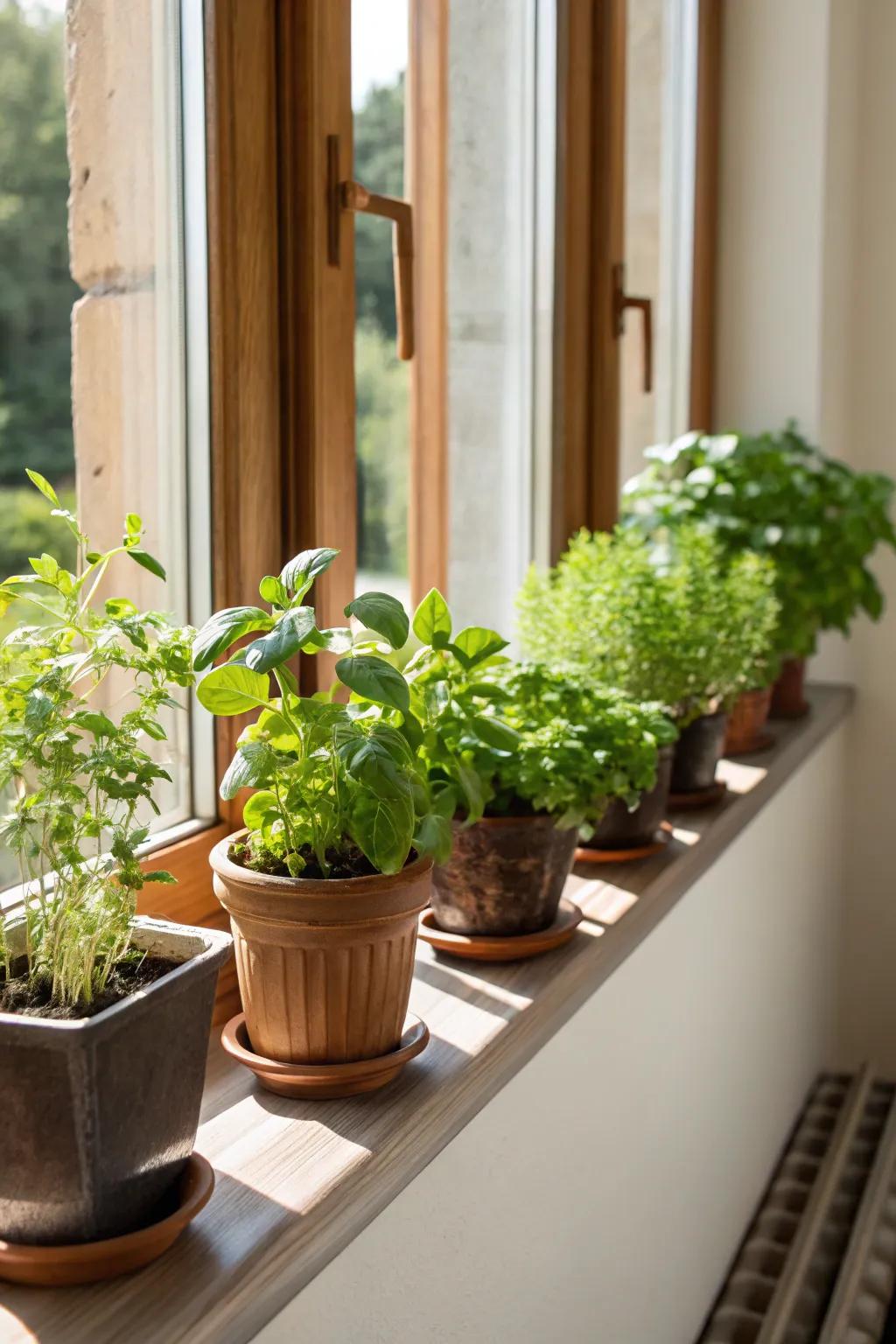 A sunny window sill transformed into a small indoor herb garden, perfect for kitchen use.