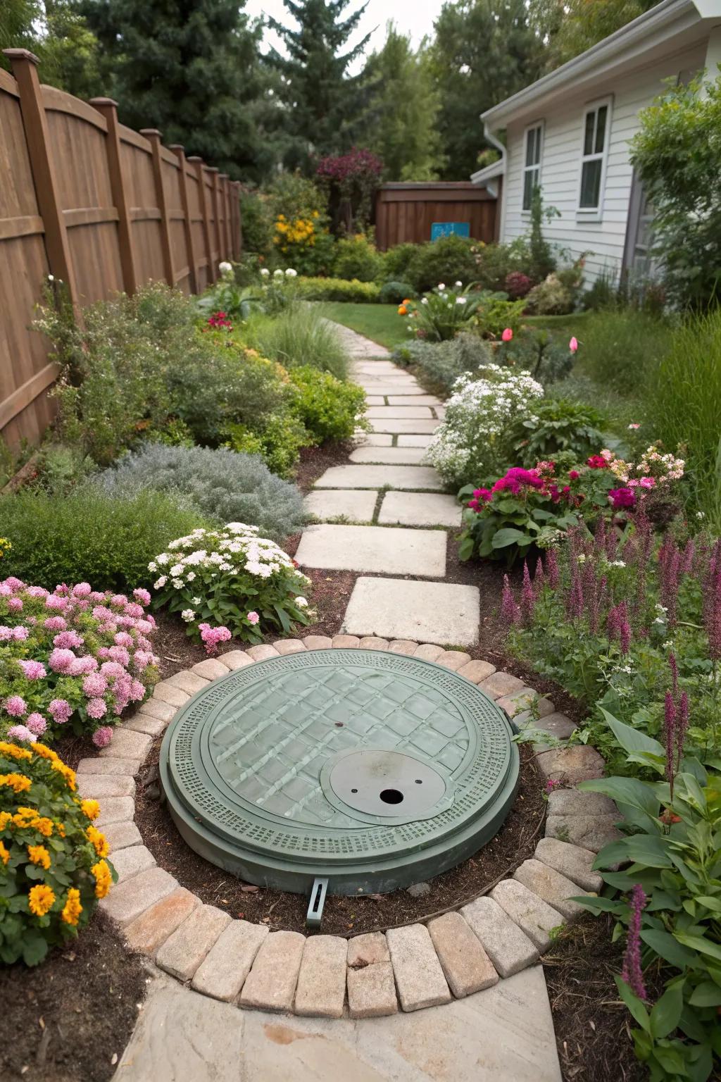 Symmetrical plantings offer a balanced and elegant solution to conceal septic tank covers.