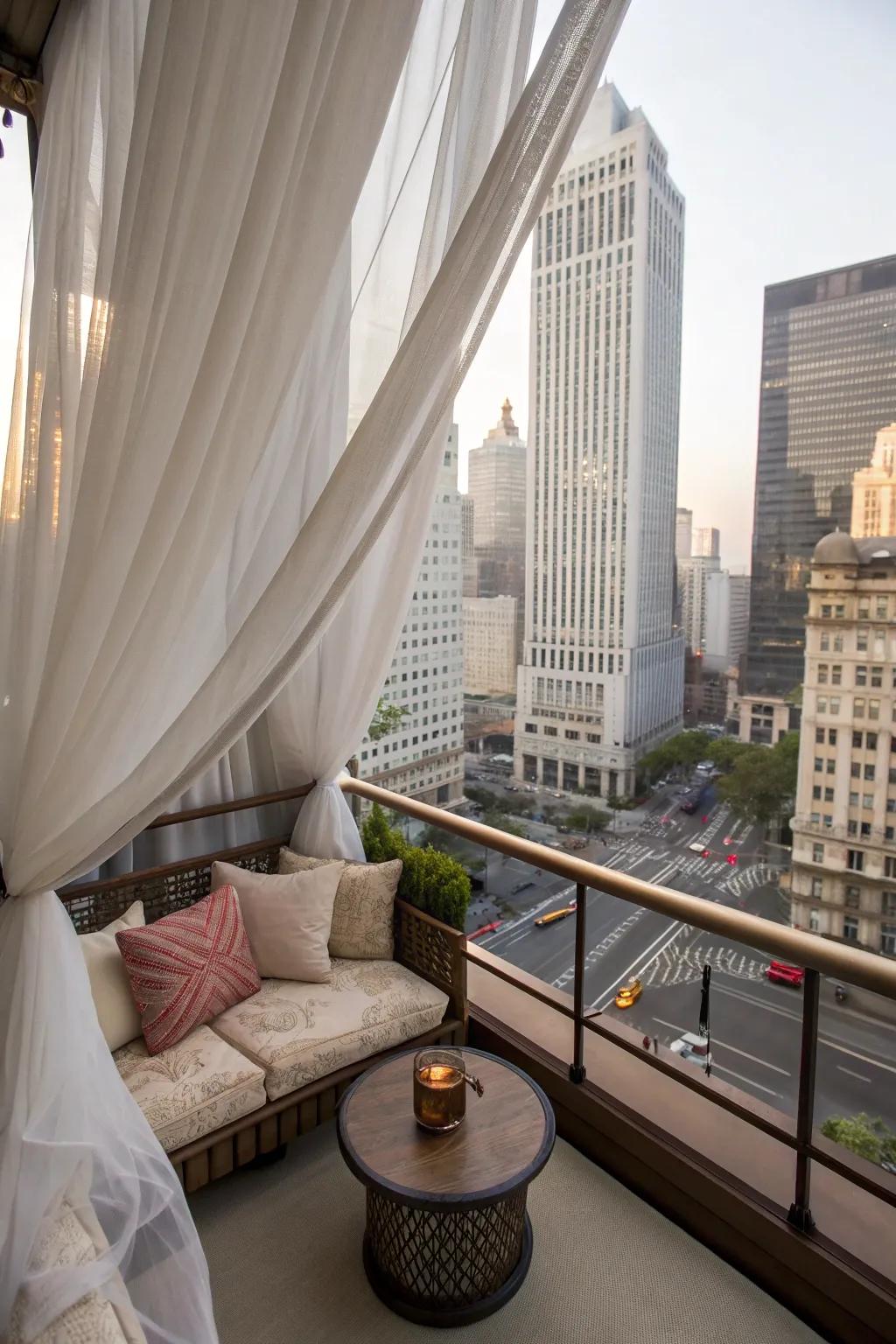 Elegant drapery adds a touch of sophistication to this high-rise balcony.
