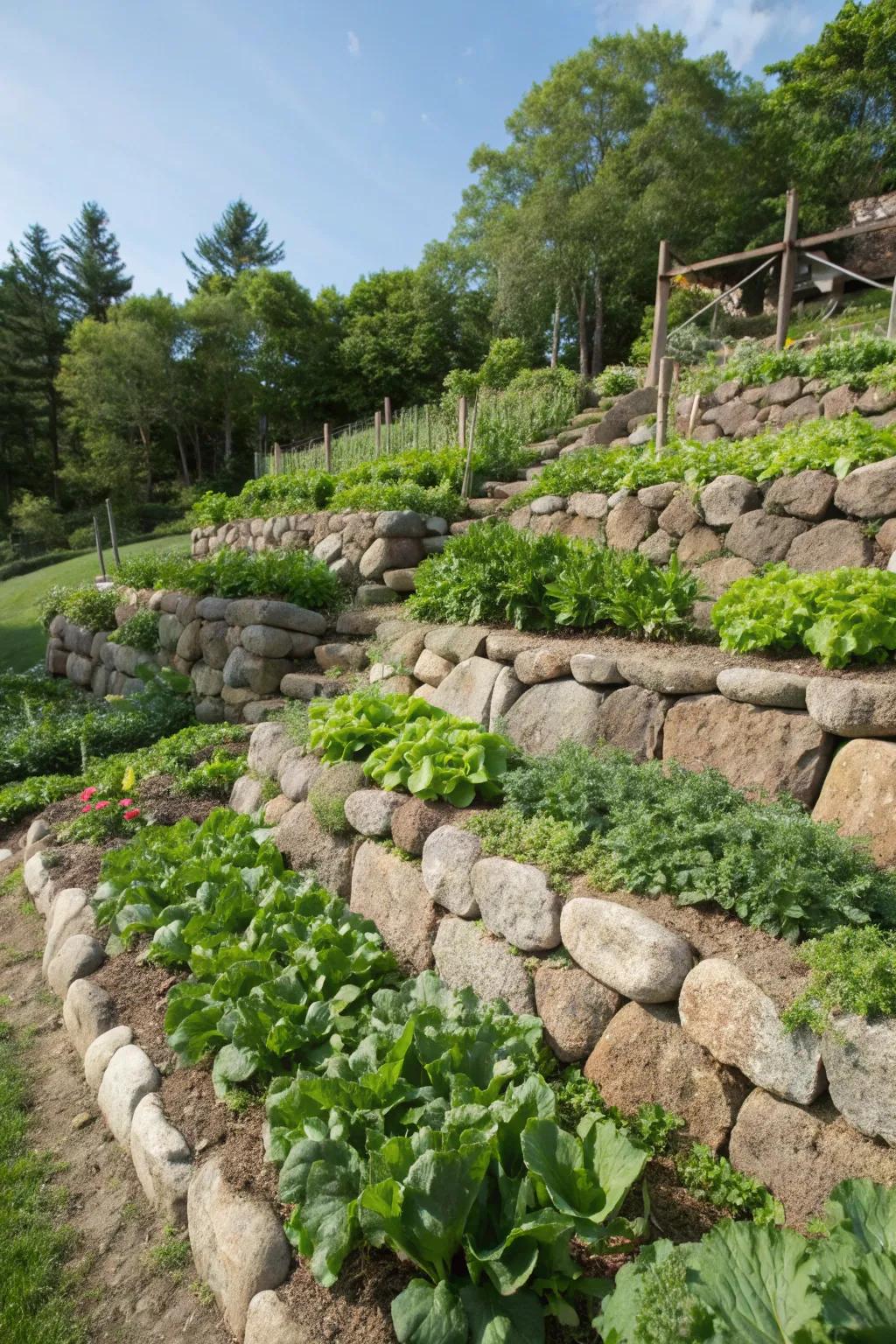 A productive vegetable garden nestled within terraced boulders.