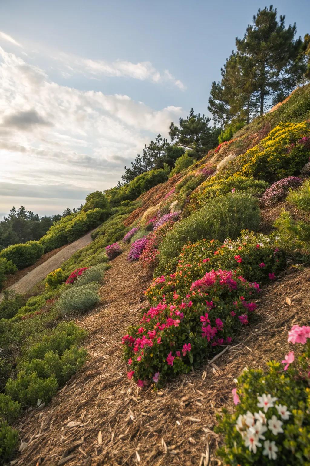 Flowering plants add vibrant color and fragrance to a hillside.