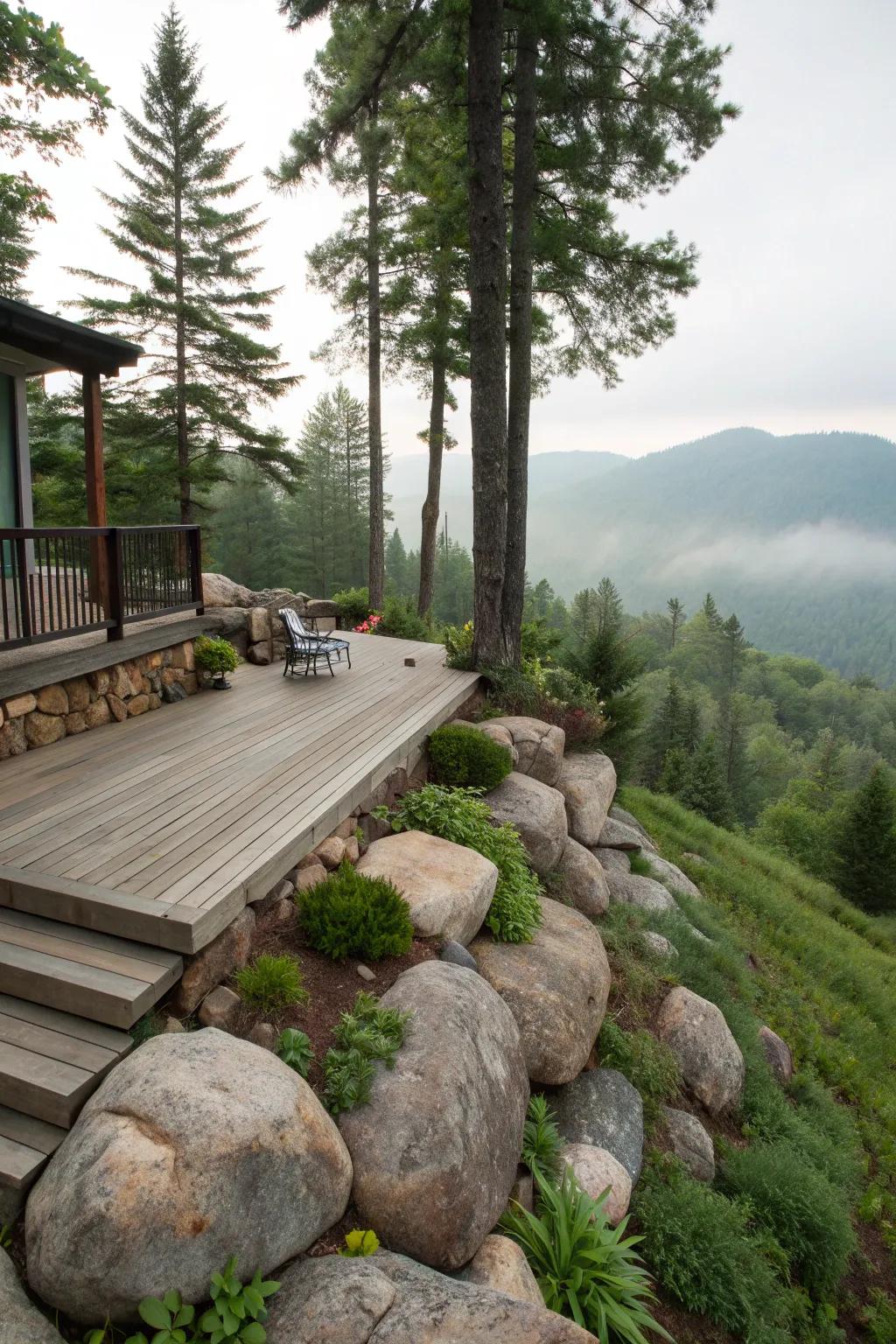 Rocks add texture and a natural vibe to a hillside deck.