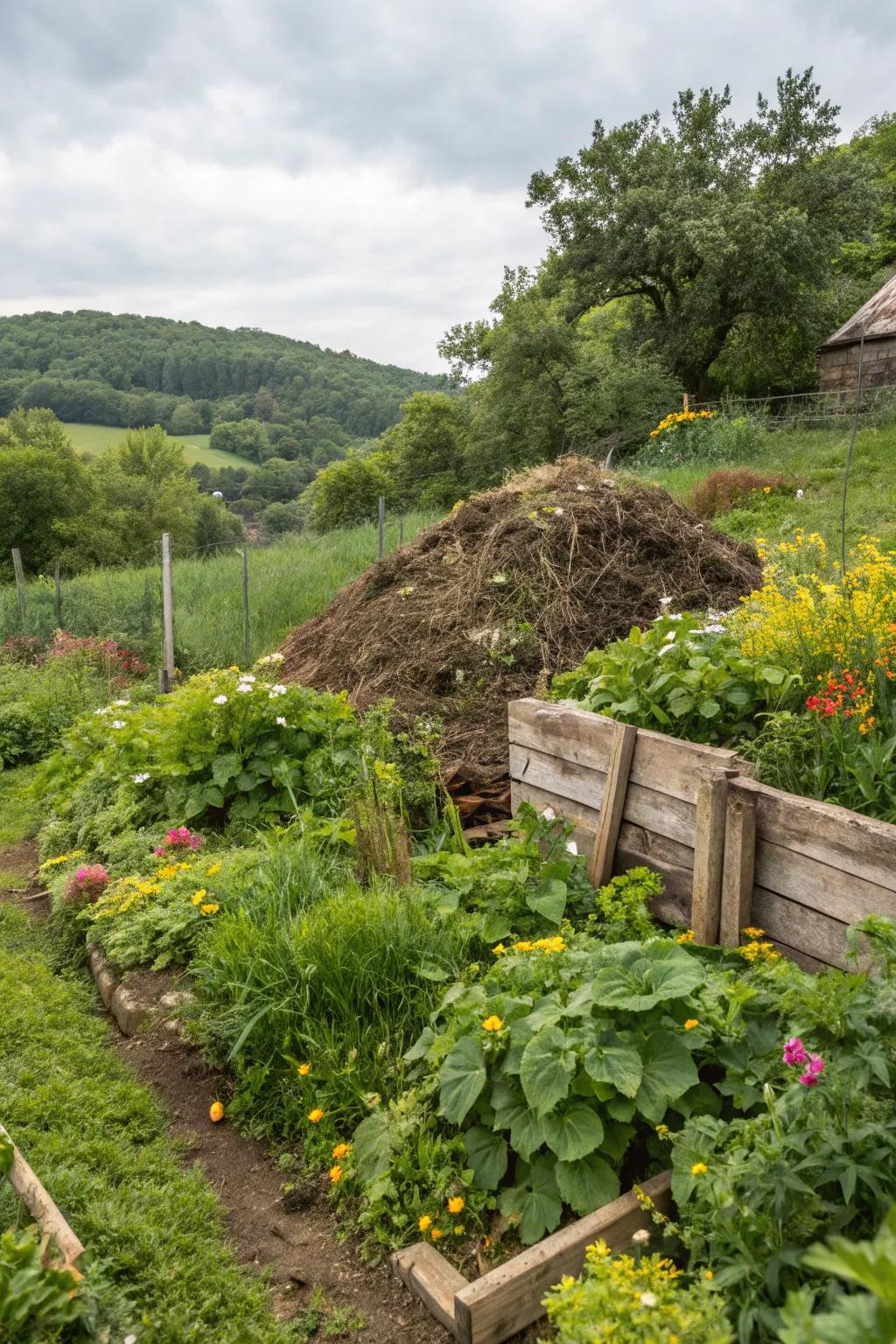 A compost corner provides a sustainable nutrient source.
