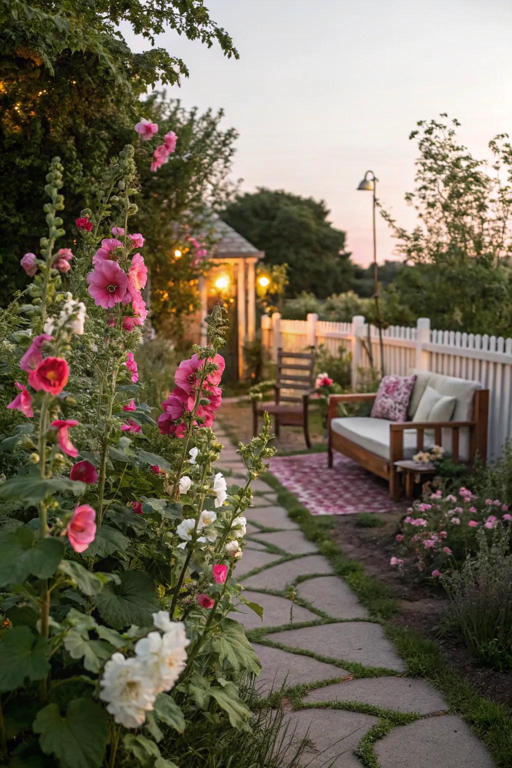 An enchanting garden ambiance with romantic hollyhocks.
