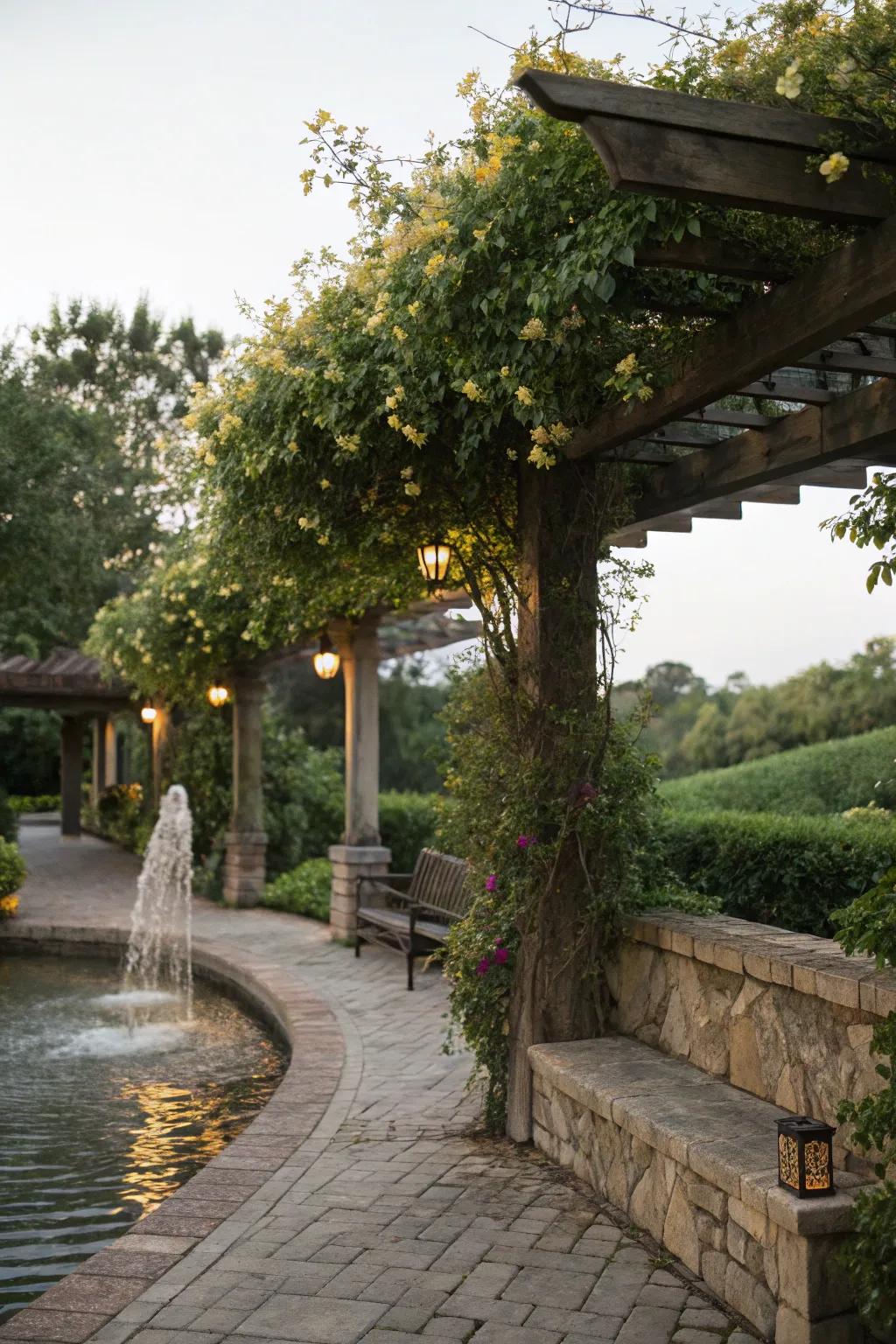 A serene garden oasis with a pergola draped in honeysuckle and complemented by a water feature.