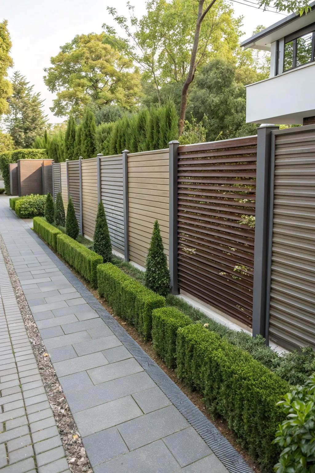Textured panels add visual interest to a horizontal corrugated metal fence.