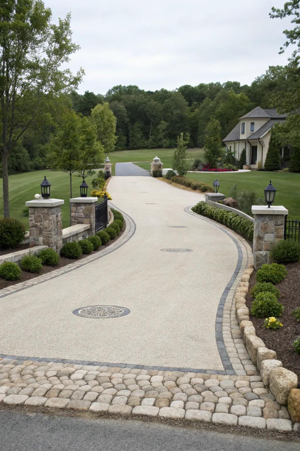 Horseshoe driveway featuring decorative stone borders.
