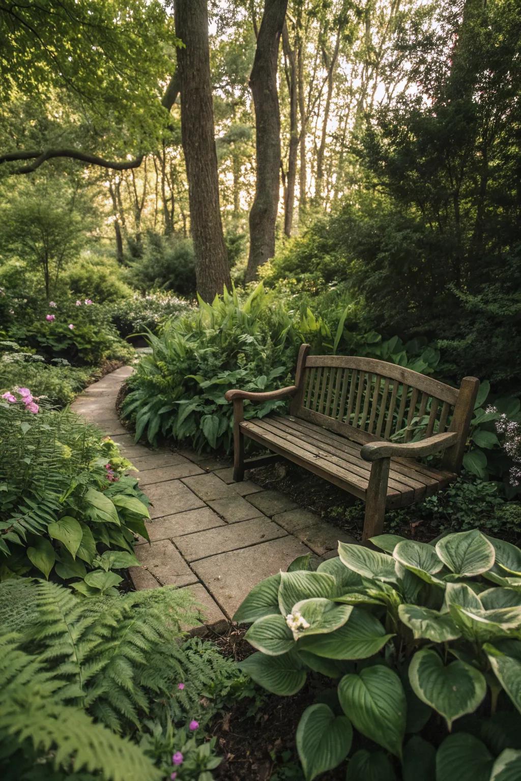 A secret garden nook surrounded by hostas and ferns.