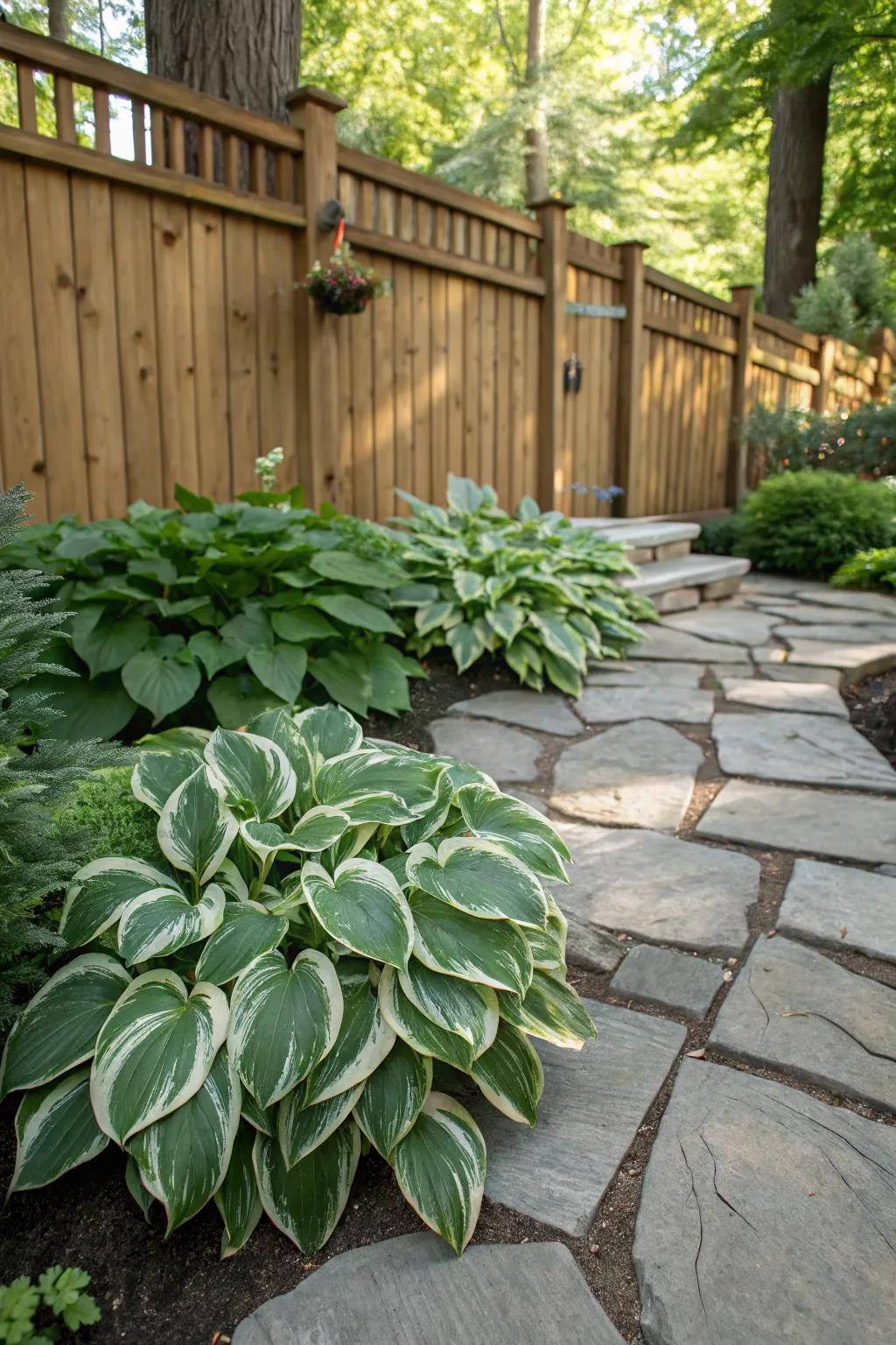 Hostas paired with hardscapes create a striking garden contrast.