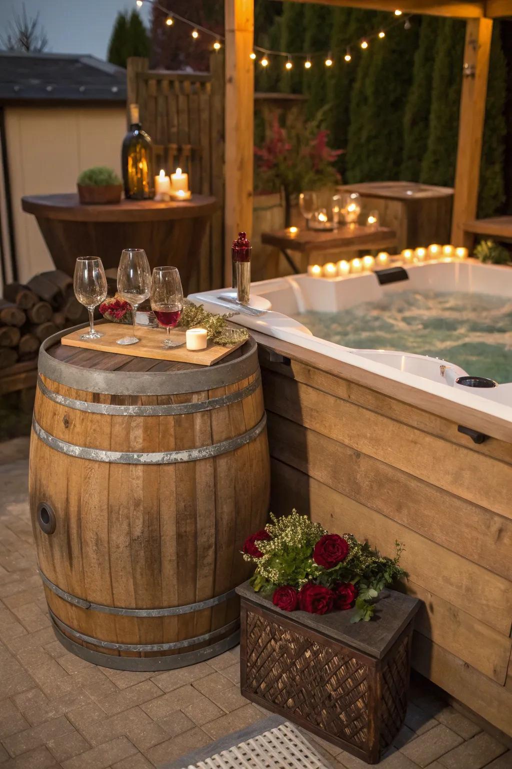 A wine barrel bar adds rustic charm and uniqueness.