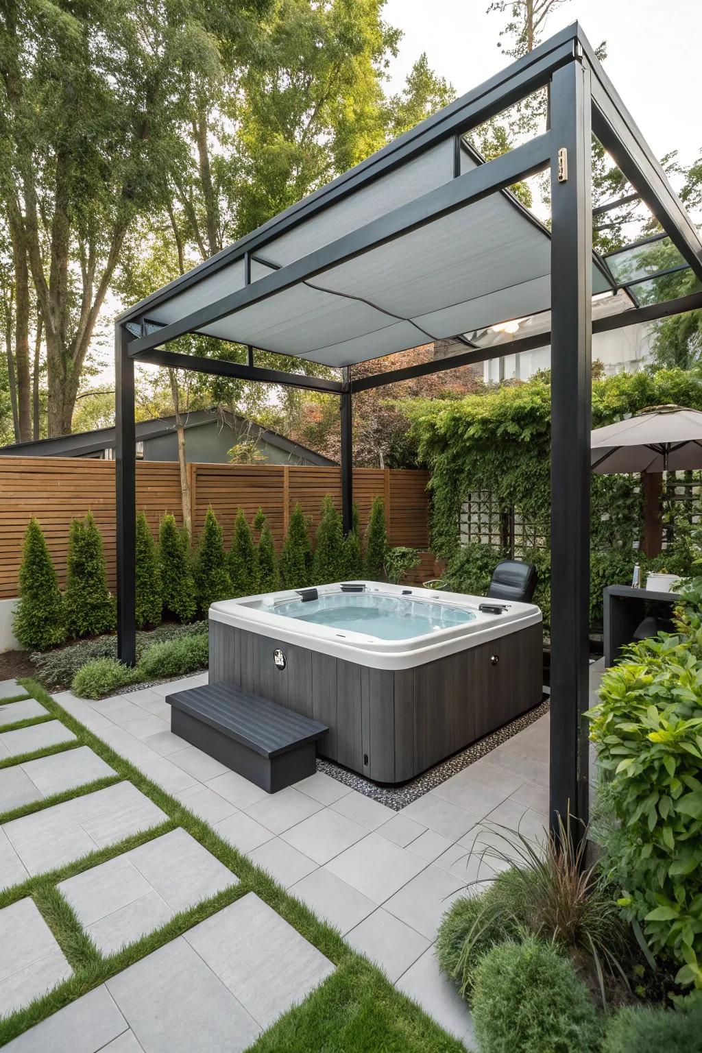 Achieve modern elegance with metal frame canopies for your hot tub.