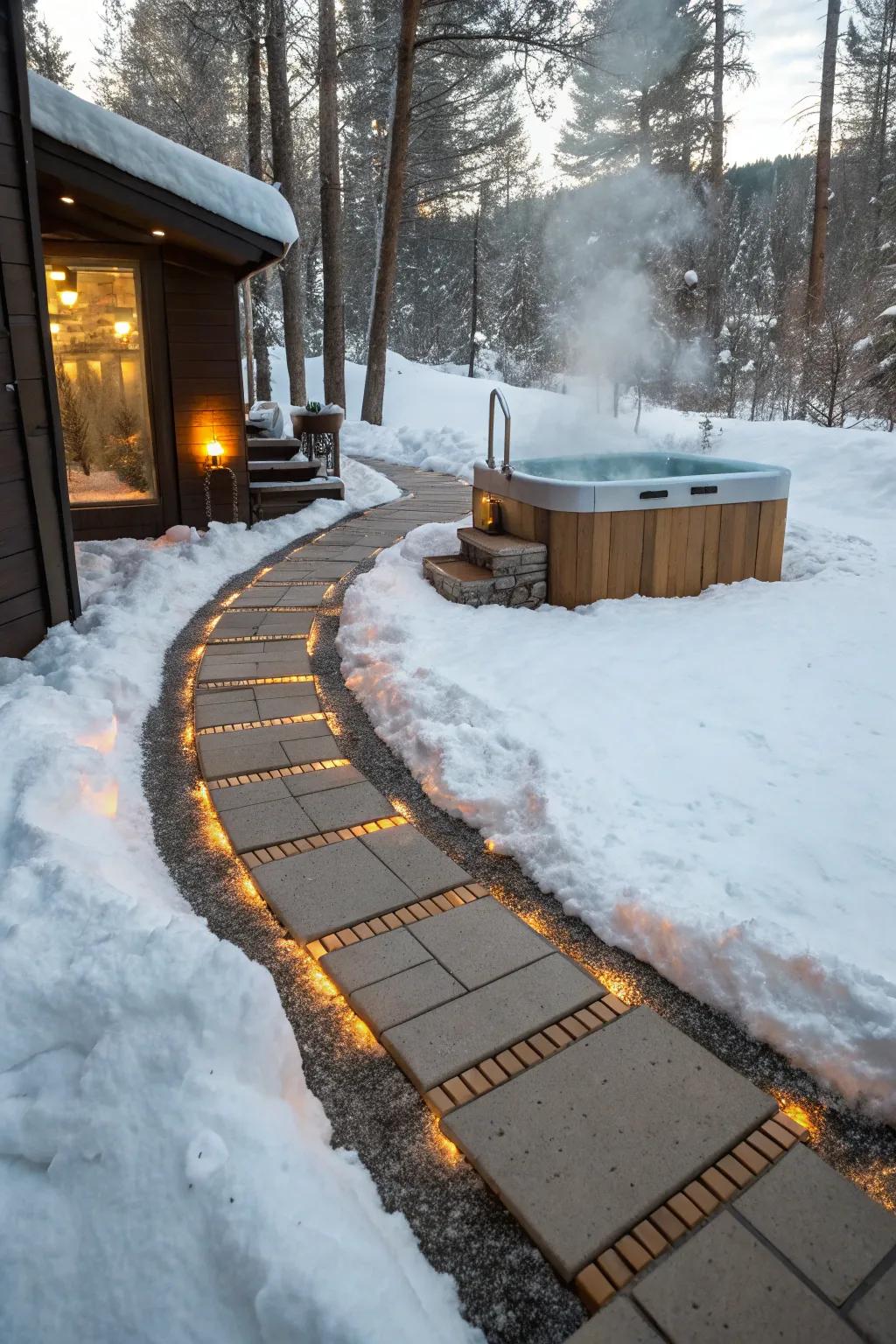 Heated pathways ensuring safe and easy access to the hot tub.