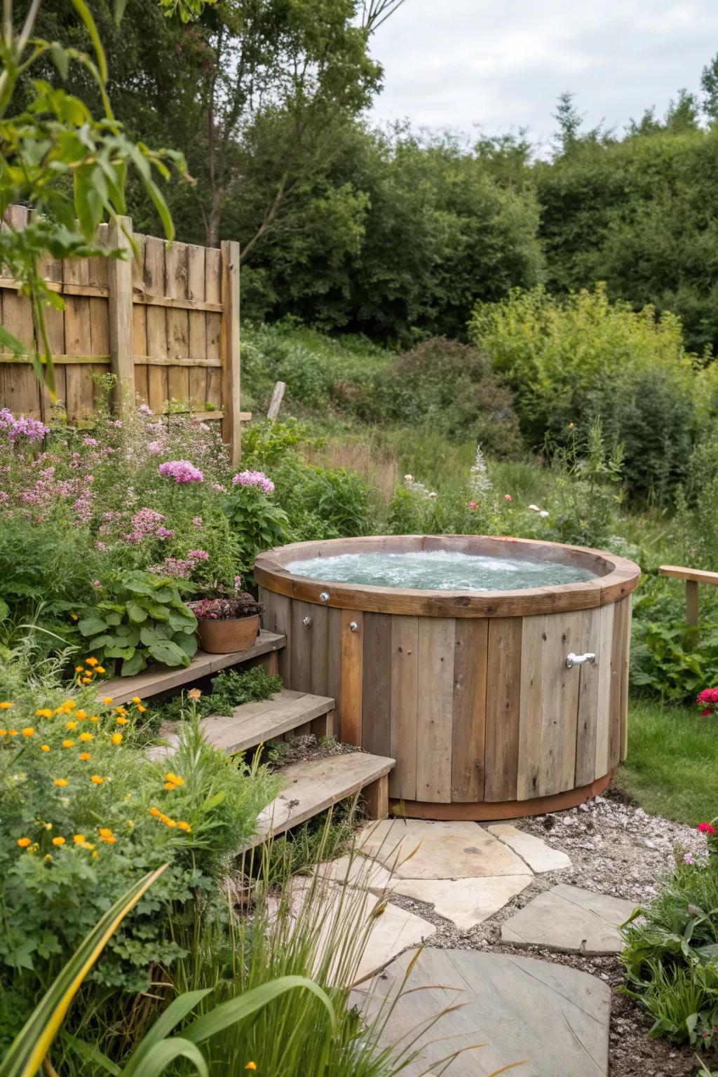 Eco-friendly materials create a sustainable hot tub retreat.