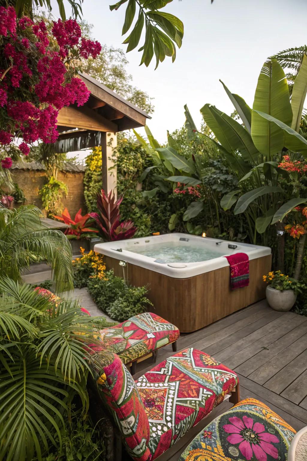 A tropical paradise brings vacation vibes to this backyard hot tub.