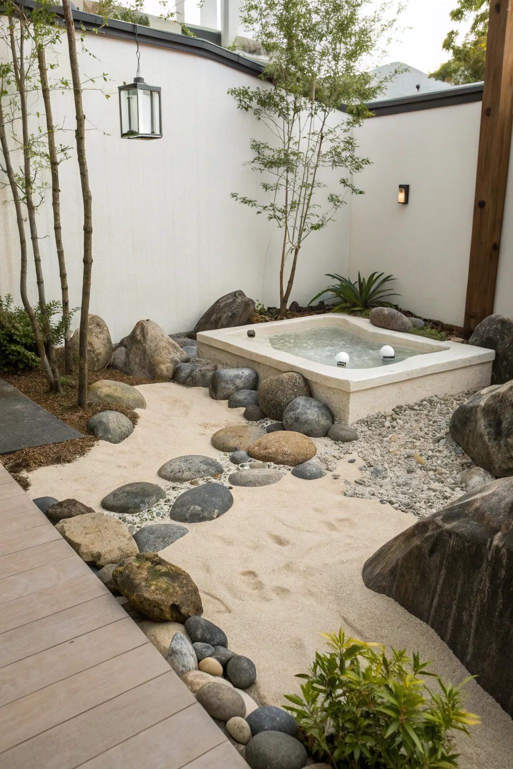 Zen elements bring tranquility and balance to the hot tub space.