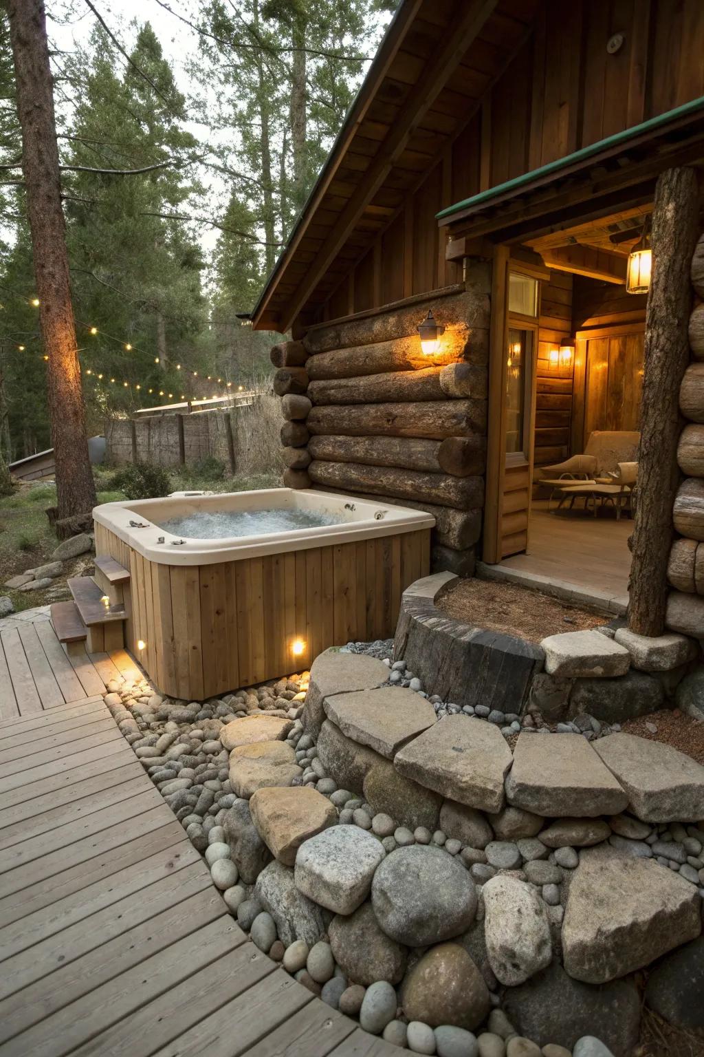 A rustic retreat offers warmth and charm around your hot tub.