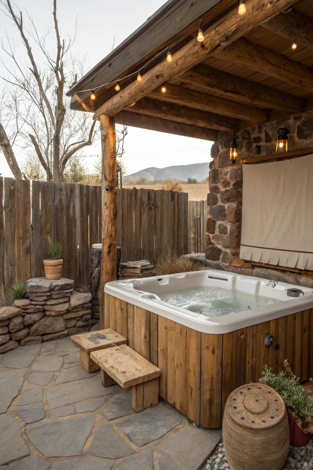 Rustic elements create a cozy, cabin-like atmosphere around your hot tub.