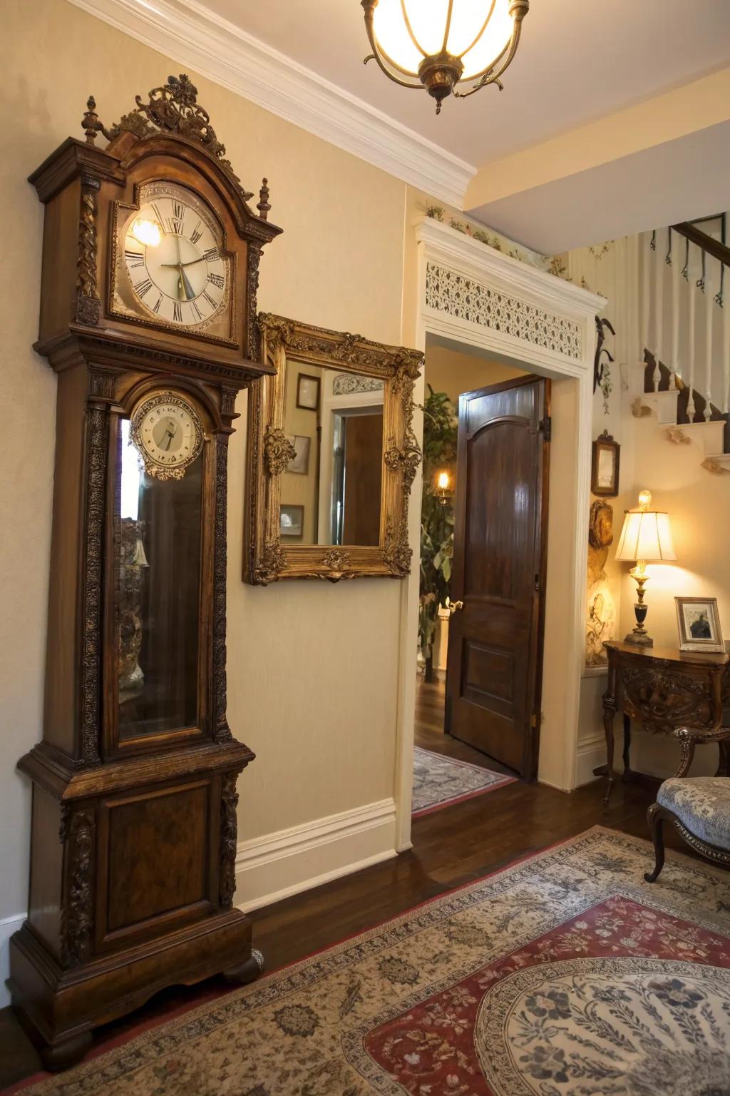 Vintage decor adds stories and character to the entryway.
