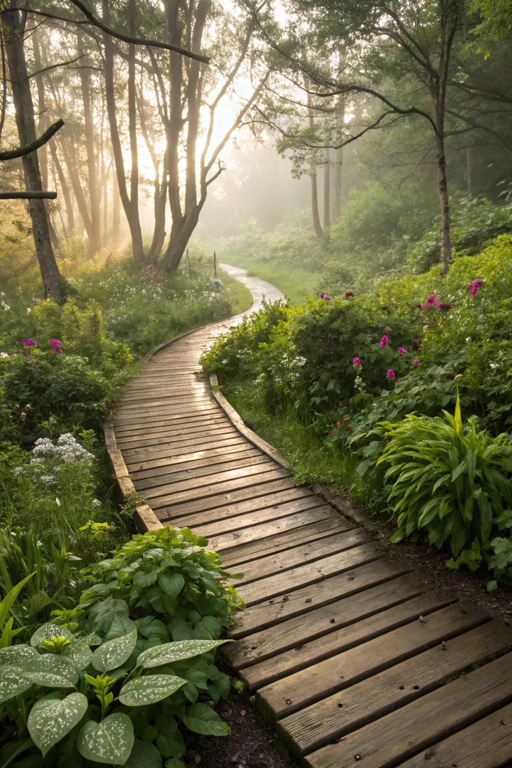 A wooden boardwalk provides a unique and practical solution for damp garden areas.