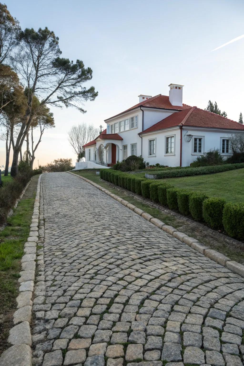 A charming cobblestone driveway with a vintage appeal.
