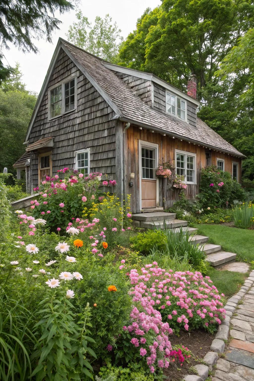 A cozy cottage featuring charming shake wood siding.
