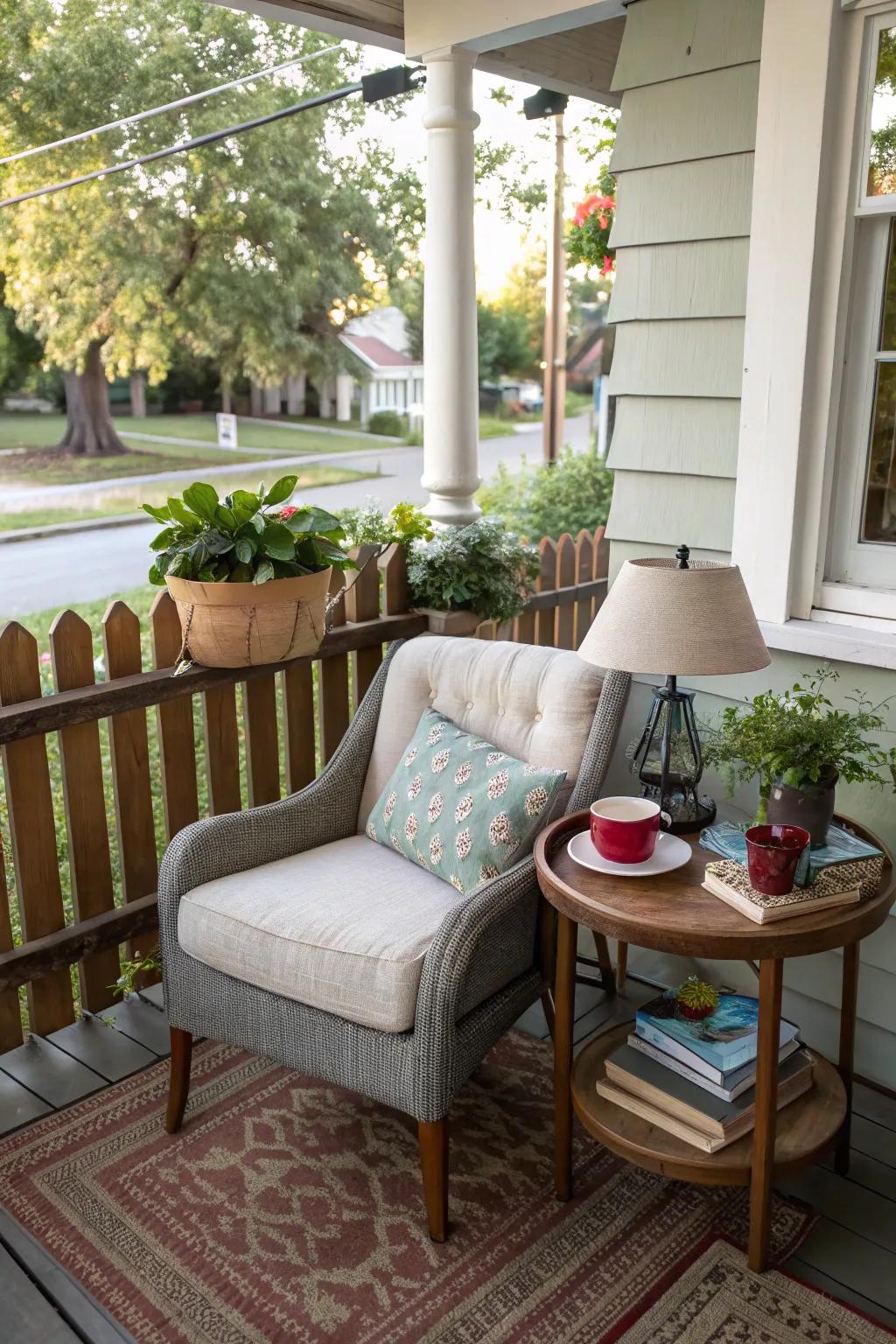 A peaceful reading nook on a front porch.