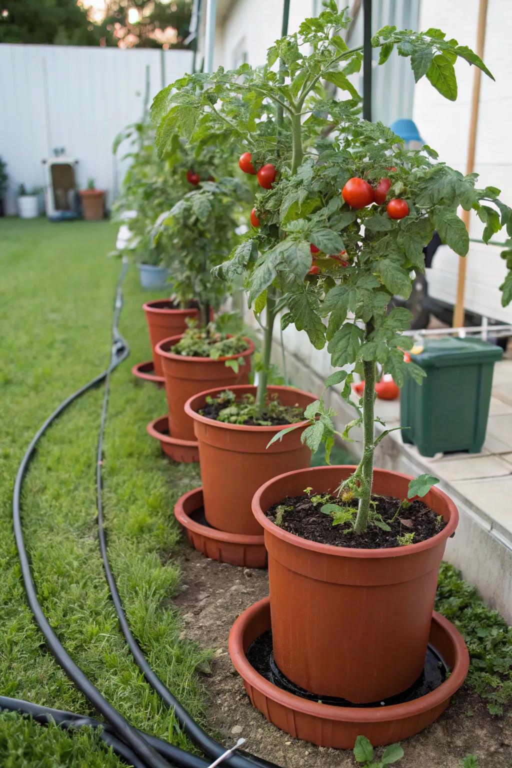 Self-watering systems ensure consistent hydration for your tomatoes.