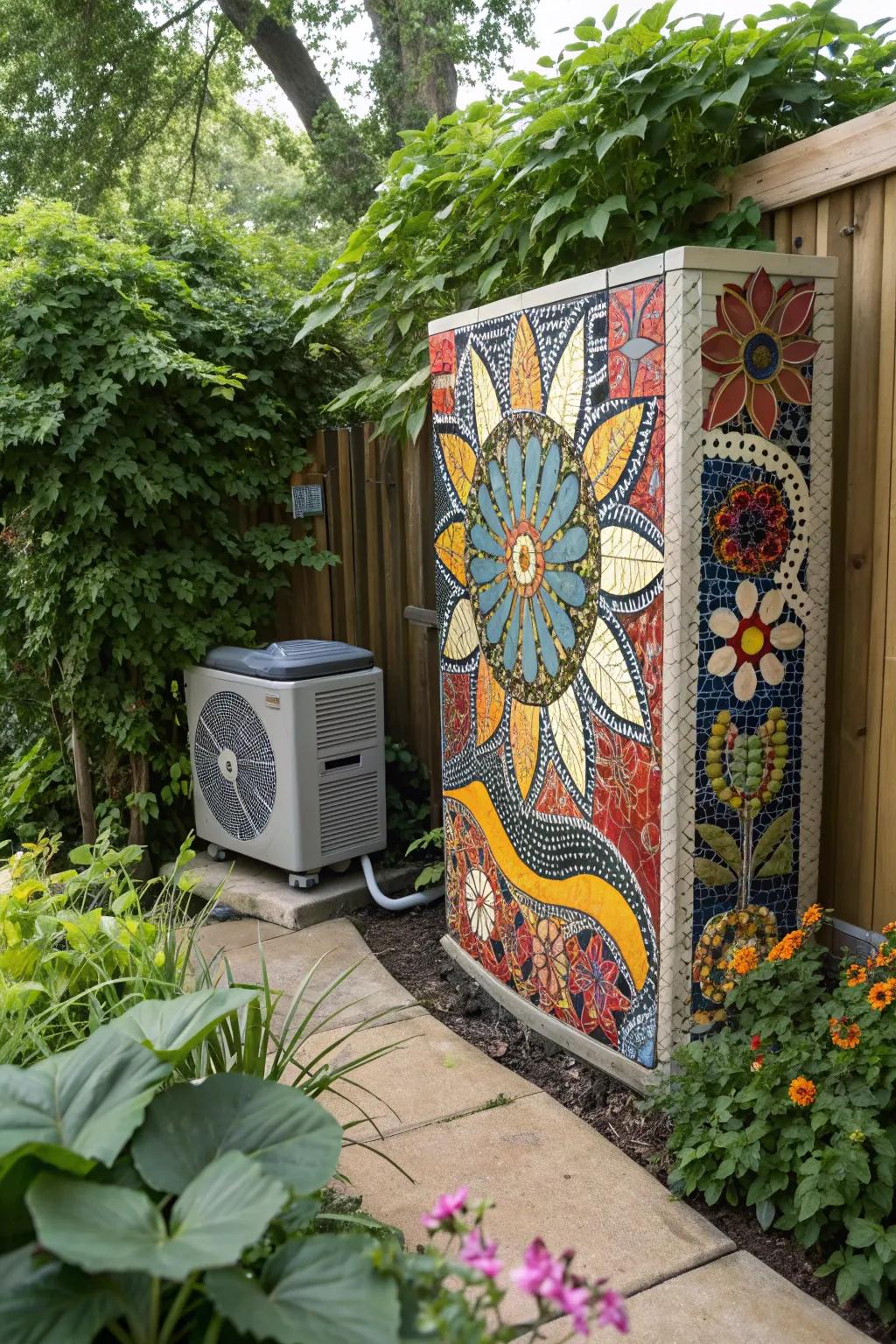 Mosaic tile screens turn AC units into artistic garden features.