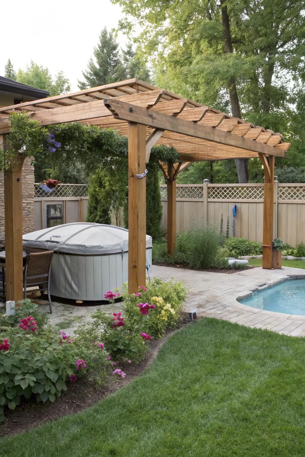 Custom pergolas add elegance and conceal pool equipment.