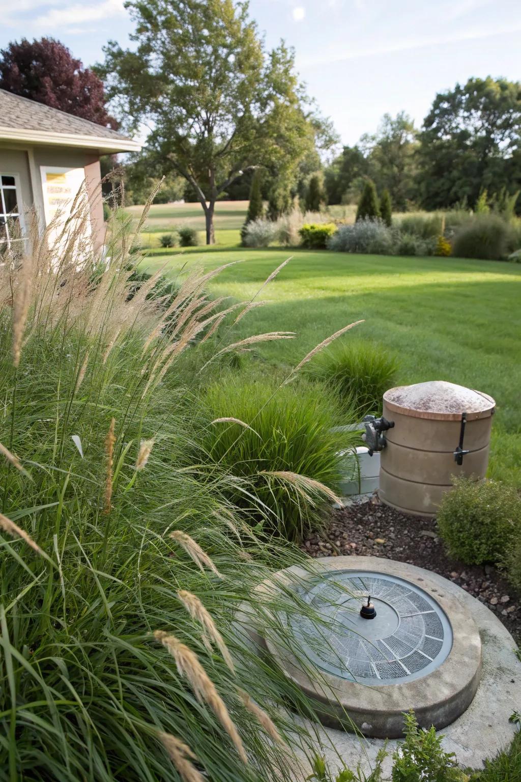 Tall grasses offer natural and graceful coverage for septic tank risers.