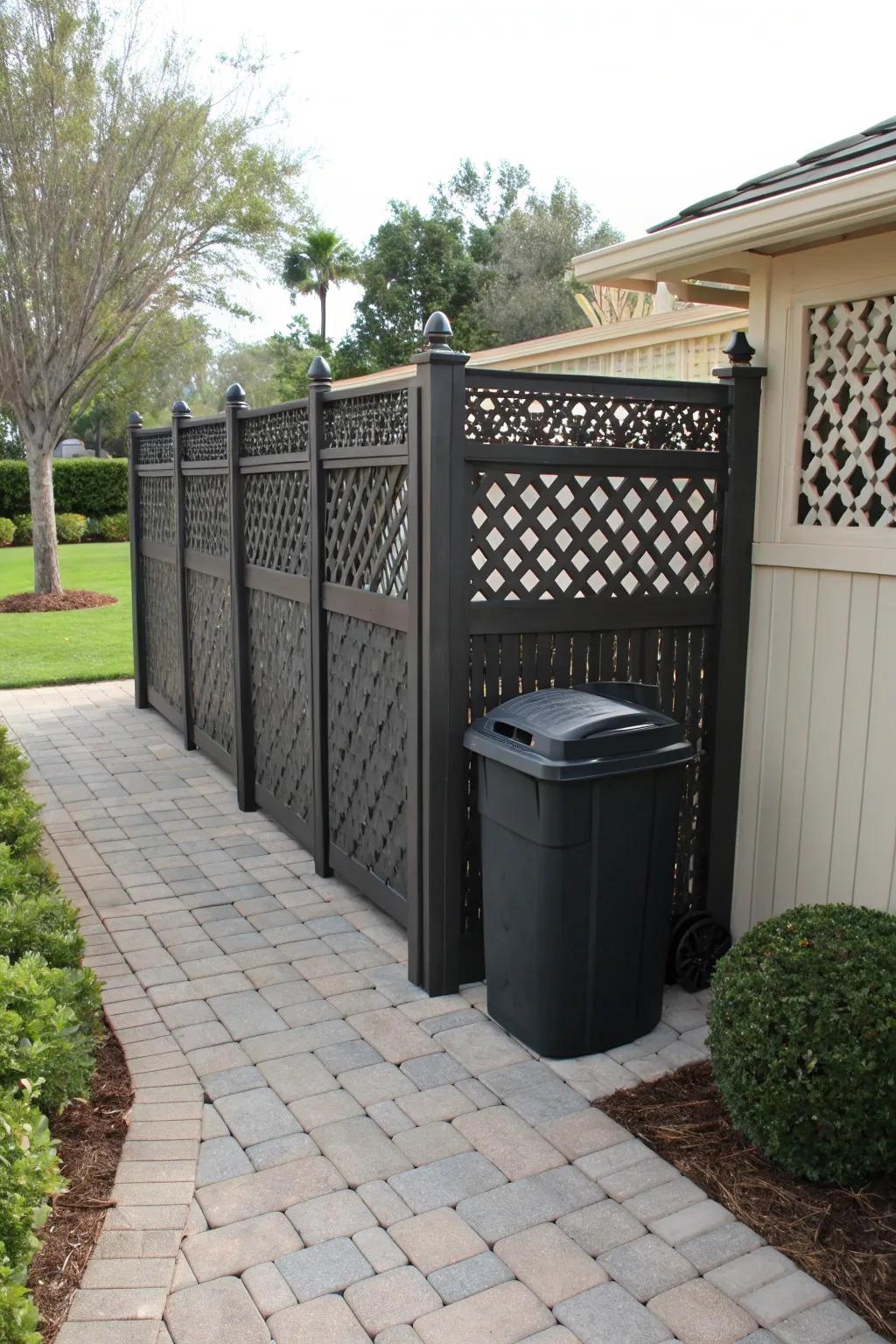 Privacy fencing adds charm and effectively hides trash cans.