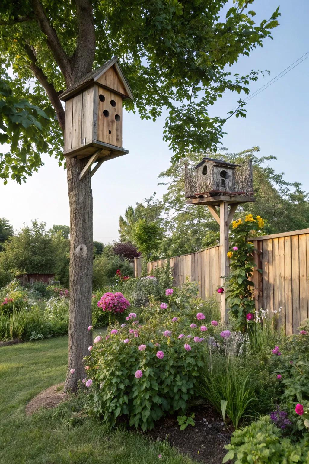Owl and bat houses attracting natural pest controllers.