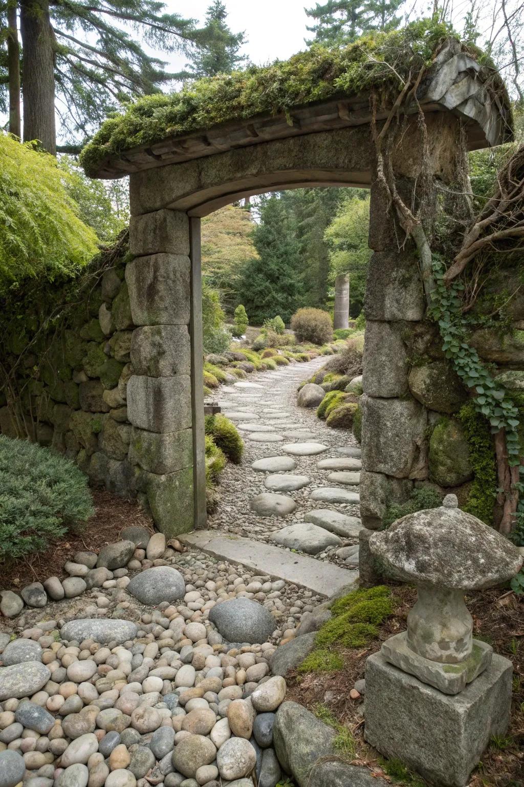 A stone archway serves as an inviting entrance to the garden.