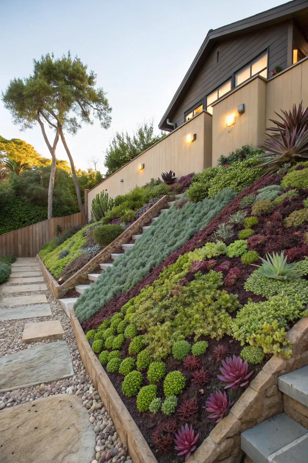 A sloped yard brightened by a vibrant living wall of succulents.