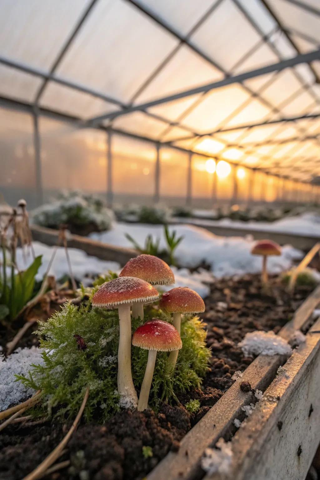 Mushrooms thrive as a unique crop in the cool, damp greenhouse environment.
