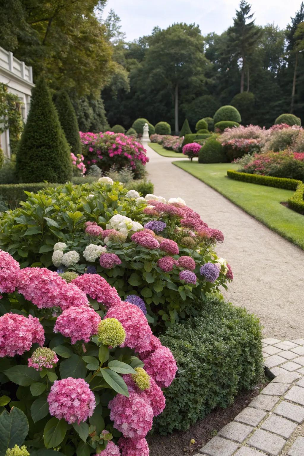 Seasonal plantings with hydrangeas keep the garden vibrant year-round.